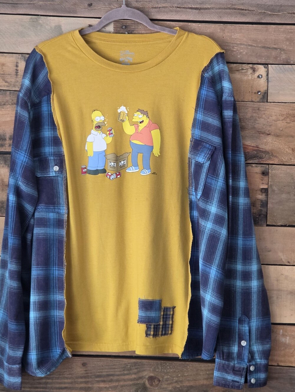 Upcycled Mustard Yellow Graphic Tee with Blue Plaid Sleeve Accent